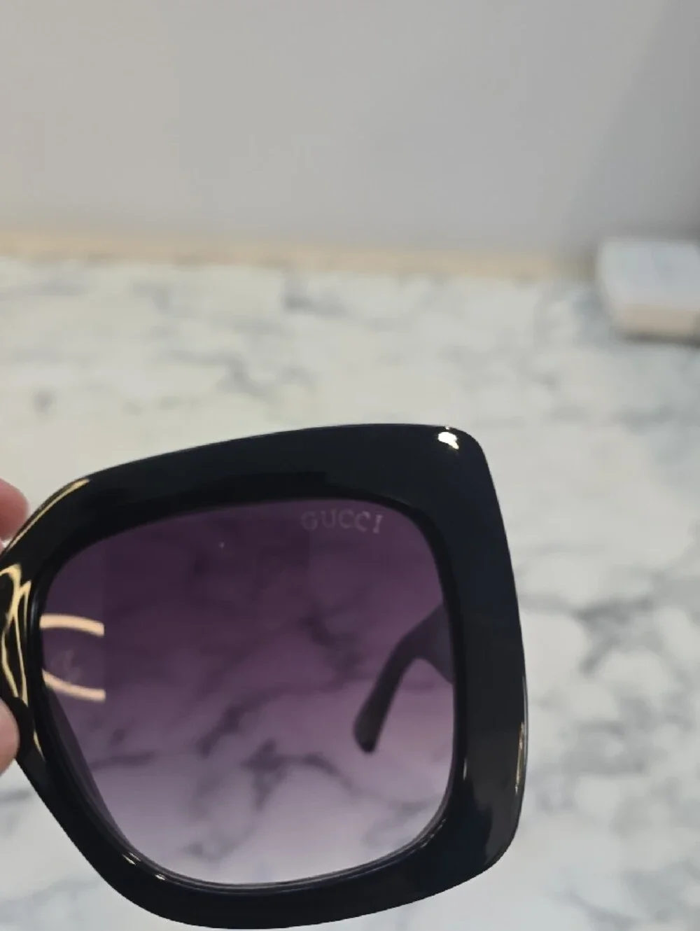 Gucci Black Square Sunglasses with Gold GG Emblem and Gradient Lenses